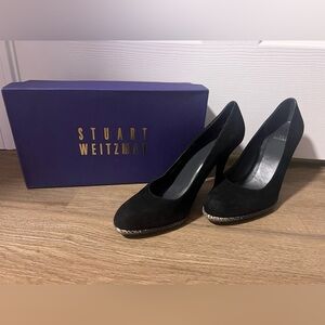 Women's Stuart Weitzman Purist Black Suede Pumps With Snakeskin Design Trim